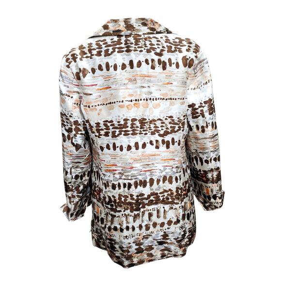 Chico's Sz 1 Brown Orange White Silk Jacket Geometric Hidden Closure Chicos M 8 - Picture 10 of 16